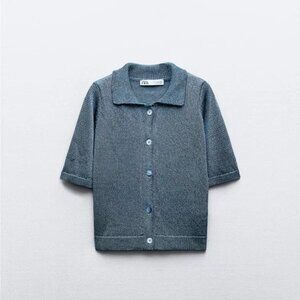 Zara Metallic Short Sleeve Collared Cardigan, Blue– L
